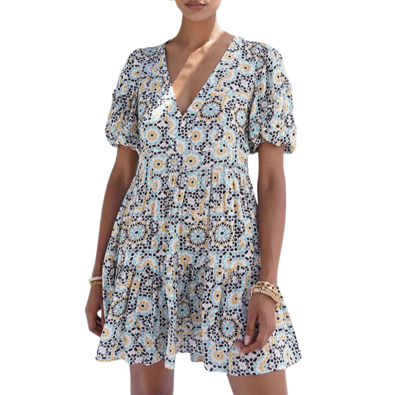 Telem Flutter Sleeve Mini Dress Tiles Turquoise