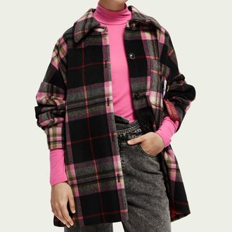 Checked Padded Wool Blend Shirt Jacket Pink Multi