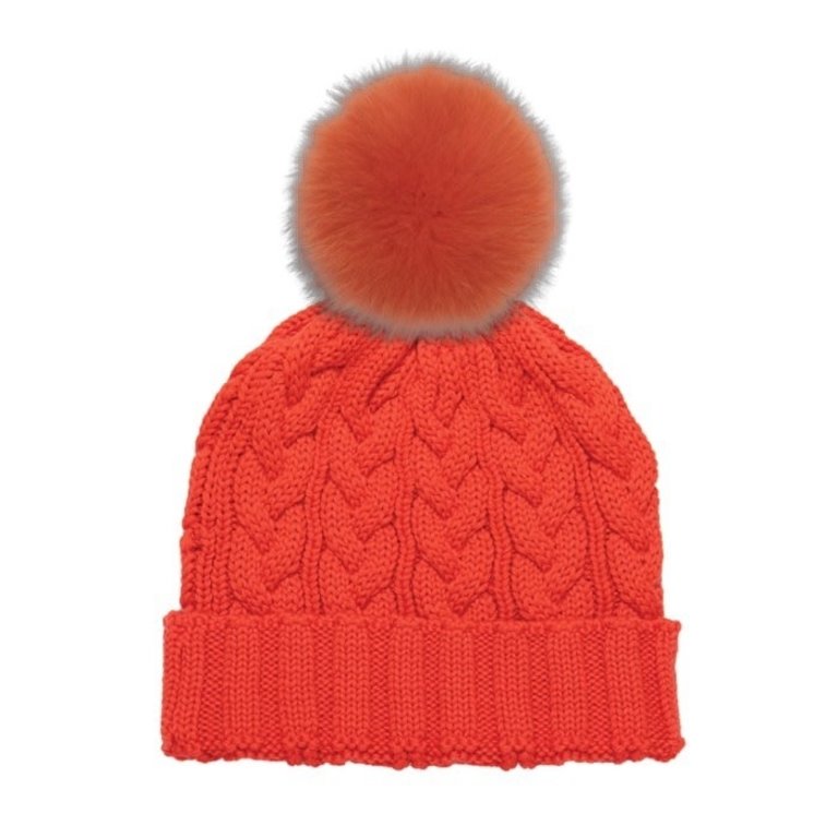 LindoF Canada Charlie Cable Beanie with Pom Puffin Orange