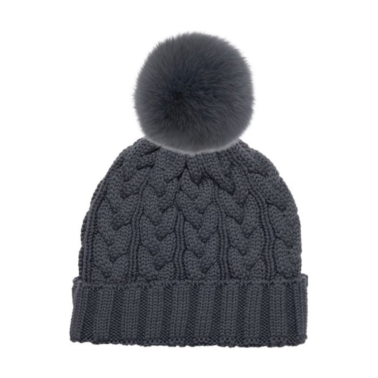 LindoF Canada Charlie Cable Beanie with Pom Granite