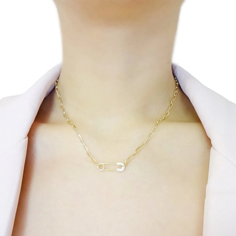 Kikichic Gold CZ Safety Pin Paper Clip Necklace