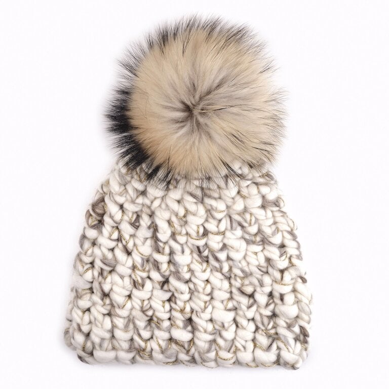Mischa Lampert Deep Pattern Beanie White Marble With Gold Raccoon Pom