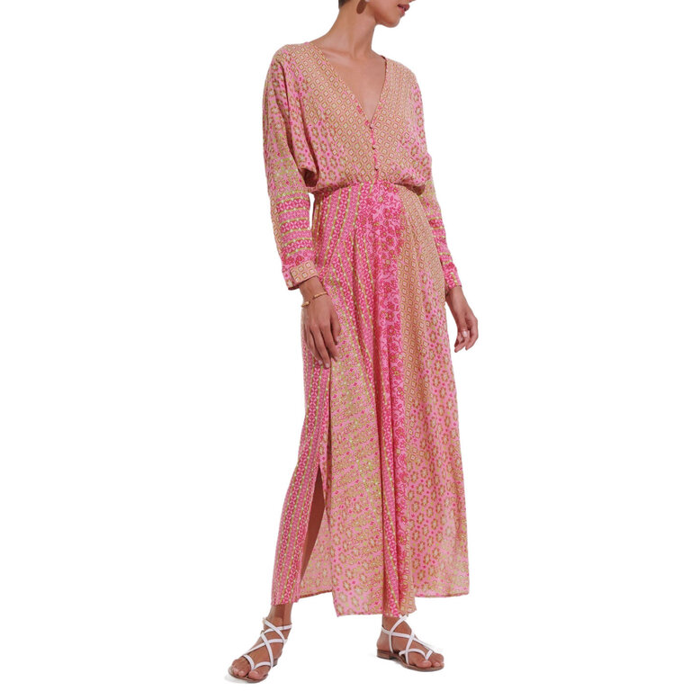 Poupette St Barth Long Dress Ilona Pink Verti Batik