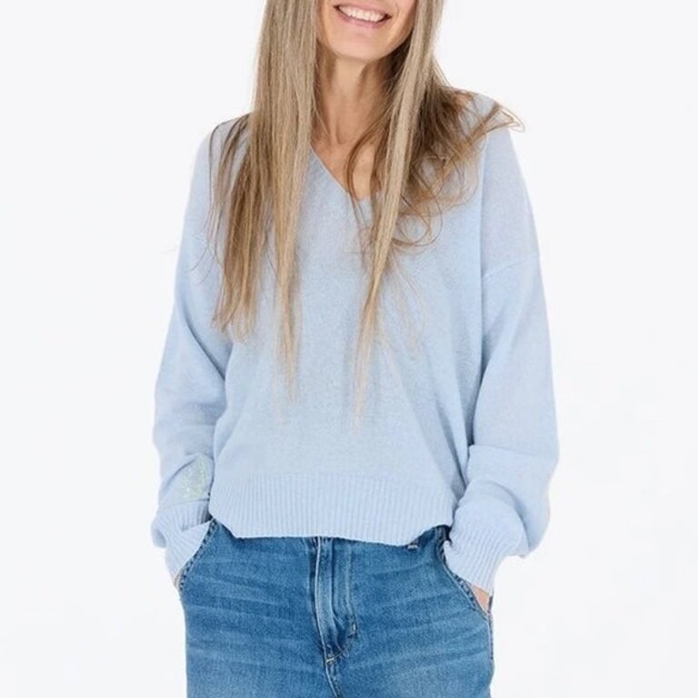 Kerri Rosenthal Deep V Neck On and On Sweater Steel Blue