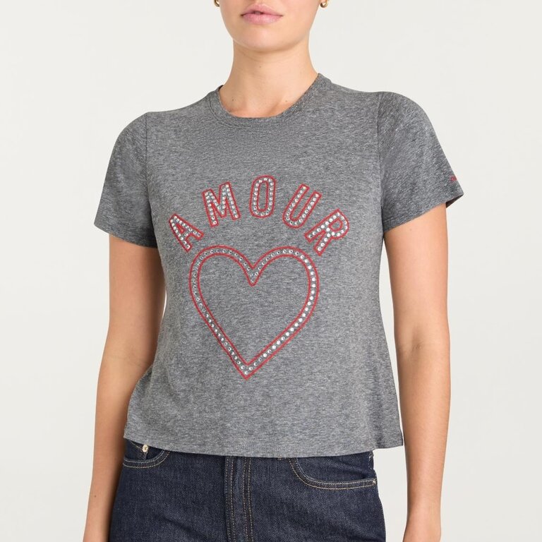 Cinq a Sept Crystal Amour Heart Shrunken Tee Heather Grey