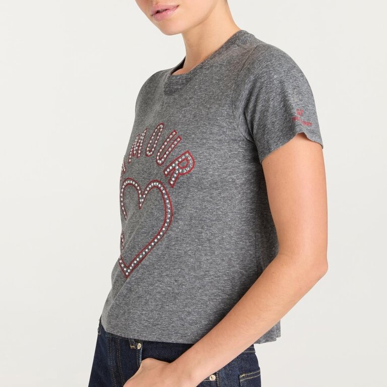 Cinq a Sept Crystal Amour Heart Shrunken Tee Heather Grey
