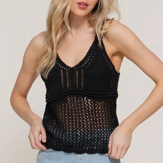 V Neck Crochet Spring Sweater Top Black
