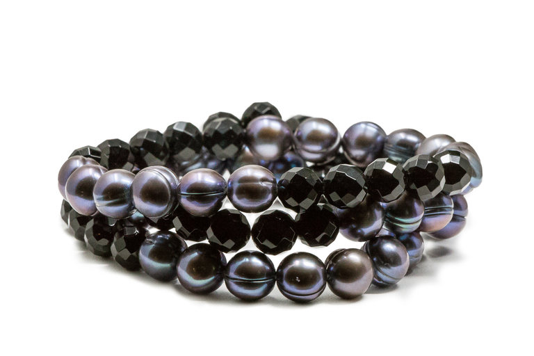 HONORA HONORA Set of 3 Black Ringed Freshwater Pearl Stretch Bracelets