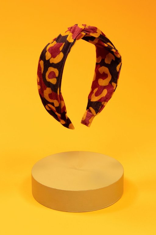 POWDER POWDER Printed Velvet Leopard Headband, Damson/Mustard
