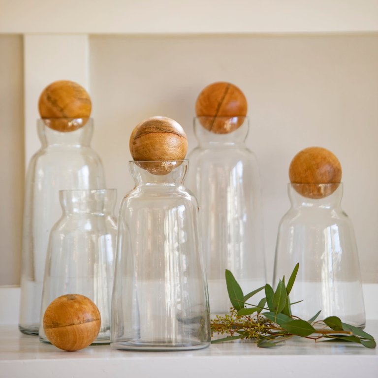 BE HOME Glass & Mango Wood Decanter, Short