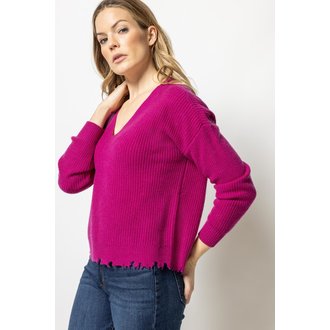 LILLA P Distressed V-Neck Sweater