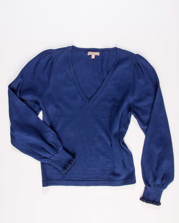 LILLA P LILLA P Cotton Cashmere Puff Sleeve V-Neck Sweater