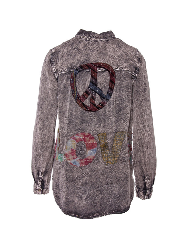 THE NU VINTAGE THE NU VINTAGE, Acid Wash Peace and Love Blouse, Gray
