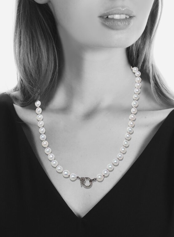 MARGO MORRISON MARGO MORRISON 18" Sterling Silver Diamond Clasp Chain w/ Extra Small White 7-8mm Baroque Pearls