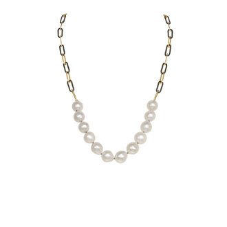 MARGO MORRISON White Baroque Pearl and Two-Tone Paper Clip Chain Necklace