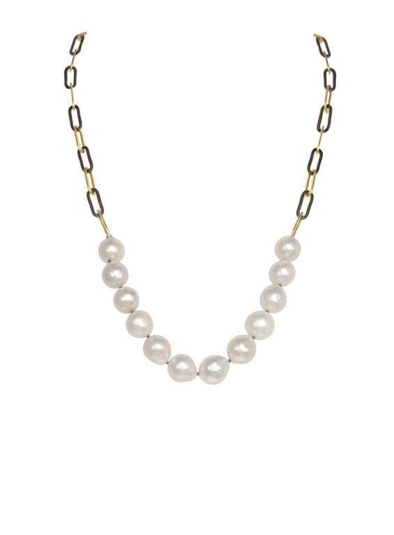 MARGO MORRISON MARGO MORRISON White Baroque Pearl and Two-Tone Paper Clip Chain Necklace