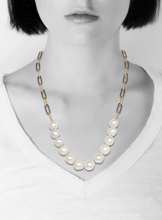 MARGO MORRISON MARGO MORRISON White Baroque Pearl and Two-Tone Paper Clip Chain Necklace
