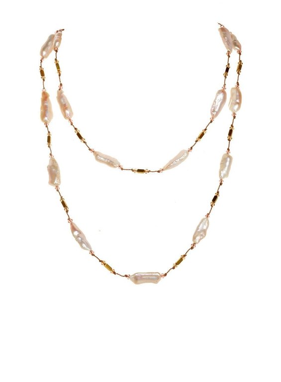 MARGO MORRISON MARGO MORRIOSN 35"Pink Biwa Pearl and Gold Hemeatite necklace with 18K Vermeil Toggle