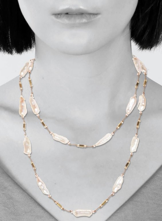MARGO MORRISON MARGO MORRIOSN 35"Pink Biwa Pearl and Gold Hemeatite necklace with 18K Vermeil Toggle
