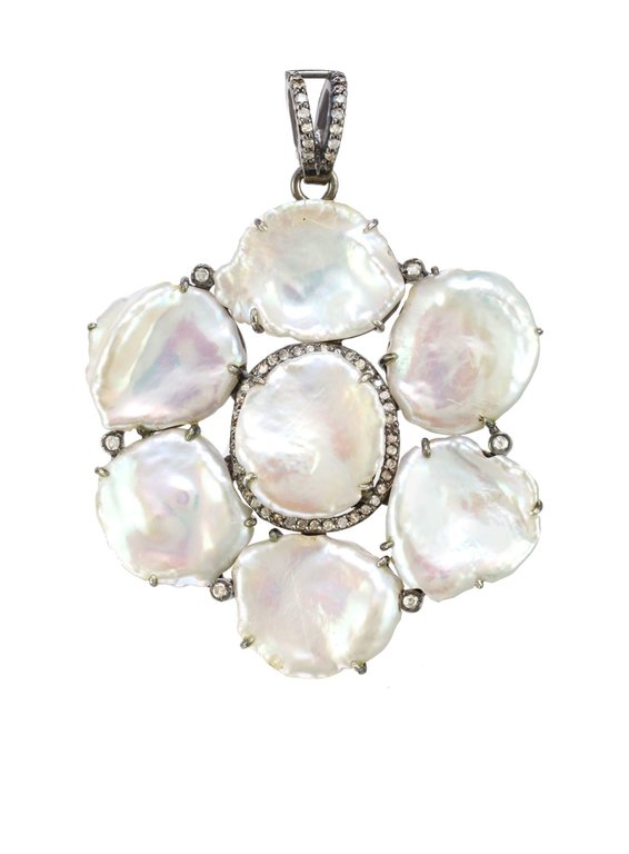 MARGO MORRISON MARGO MORRISON Sterling Silver Flat Keshi Pearl and Diamond  Flower Charm