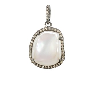 Sterling Silver Flat Freshwater Pearl and Diamond Charm