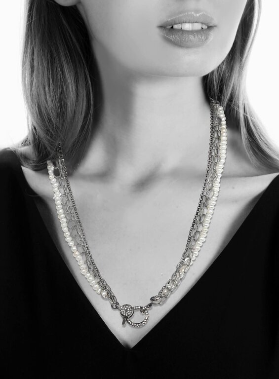 MARGO MORRISON MARGO MORRISON Silver/Rhodium Chain Combo, Freshwater Pearl with Diamond Clasp