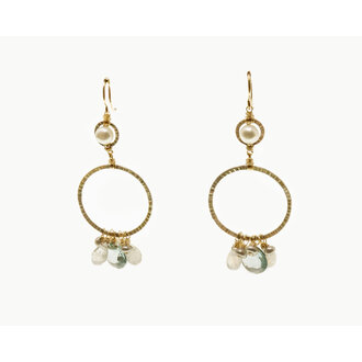 DANA KELLIN Aqua Quartz, Pearl, Moonstone Dangle Hoop Earrings