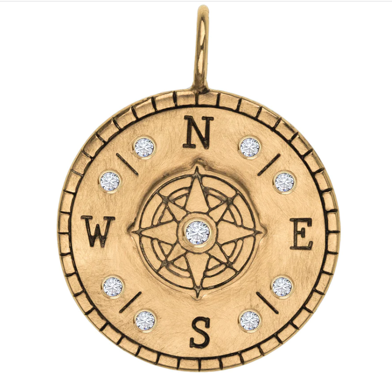 HEATHER B. MOORE HEATHER B. MOORE 14k Gold and Diamond Raised Compass Round Charm