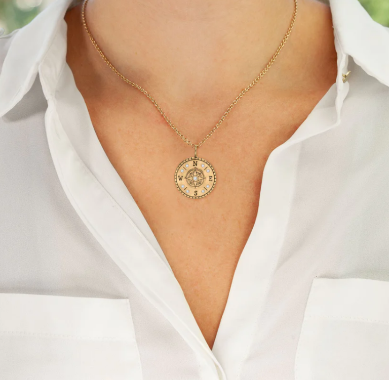 HEATHER B. MOORE HEATHER B. MOORE 14k Gold and Diamond Raised Compass Round Charm