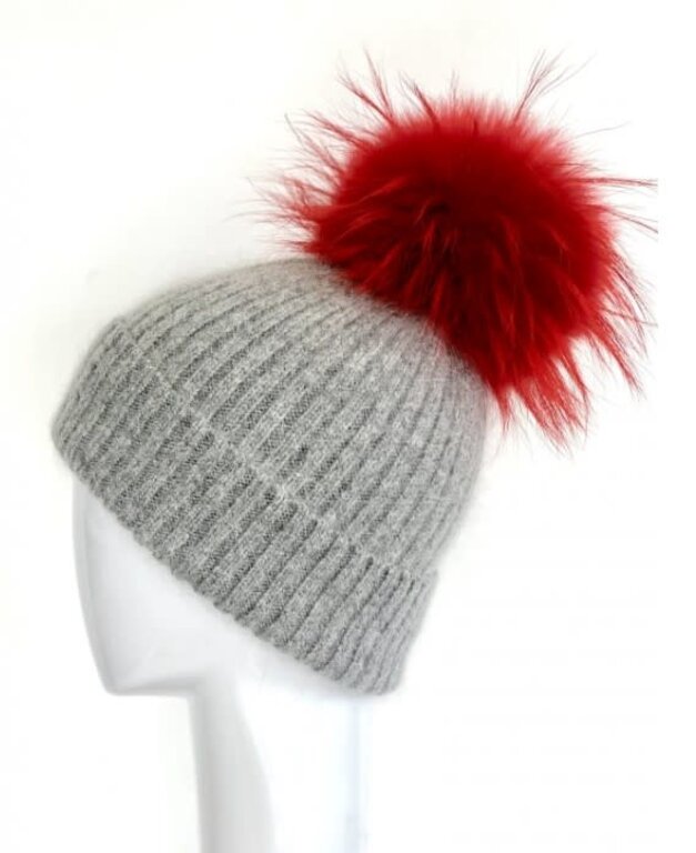LINDA RICHARDS LINDA RICHARDS Grey Pom Hat, Red, HA-62RED