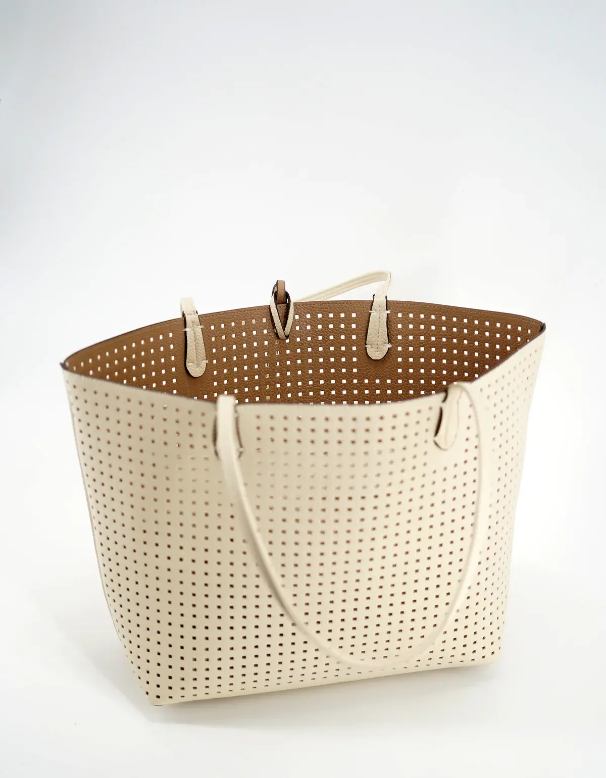 REMI/REID Faux Leather Departure Tote Perforated Square, Cream