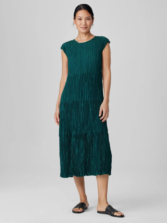 EILEEN FISHER EILEEN FISHER Crushed Silk Jewel Neck Tiered Pleated Dress