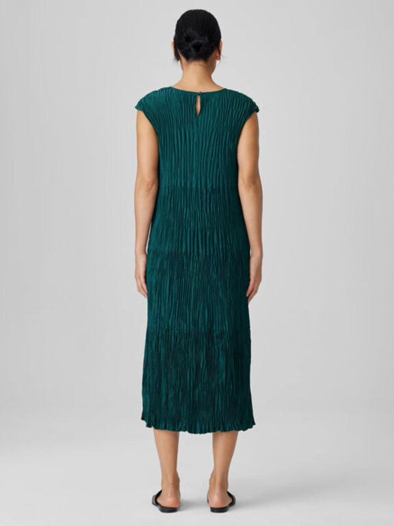 EILEEN FISHER EILEEN FISHER Crushed Silk Jewel Neck Tiered Pleated Dress