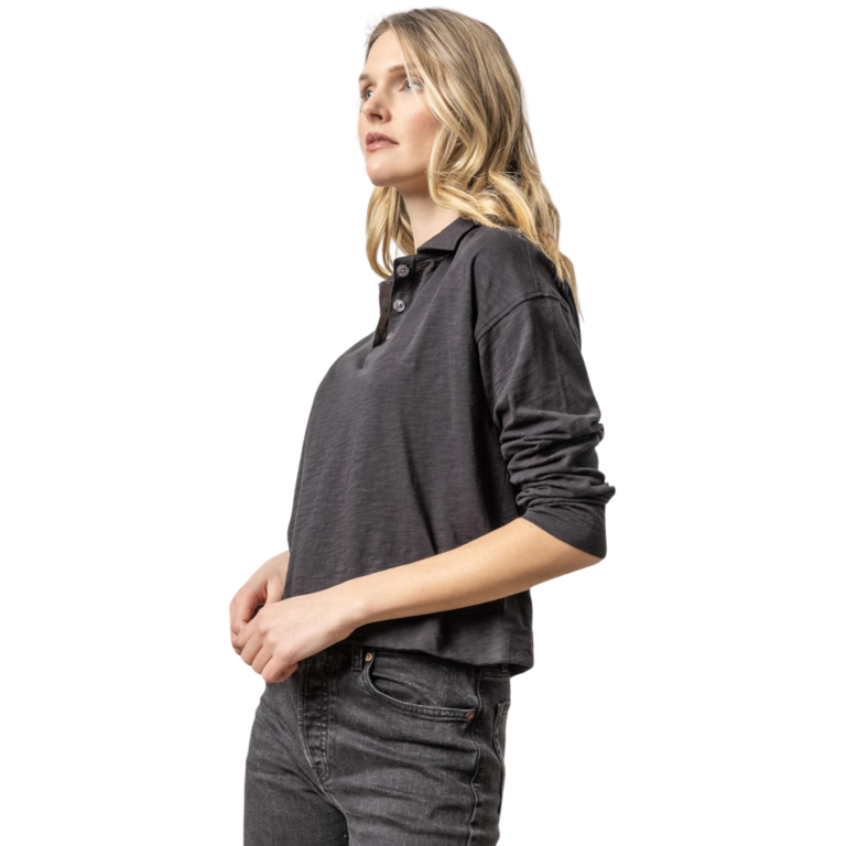 LILLA P LILLA P Long Sleeve Loose Knit Slub Drop Shoulder Polo Tee