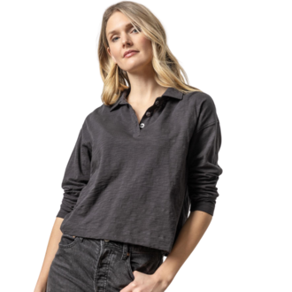 LILLA P Long Sleeve Loose Knit Slub Drop Shoulder Polo Tee