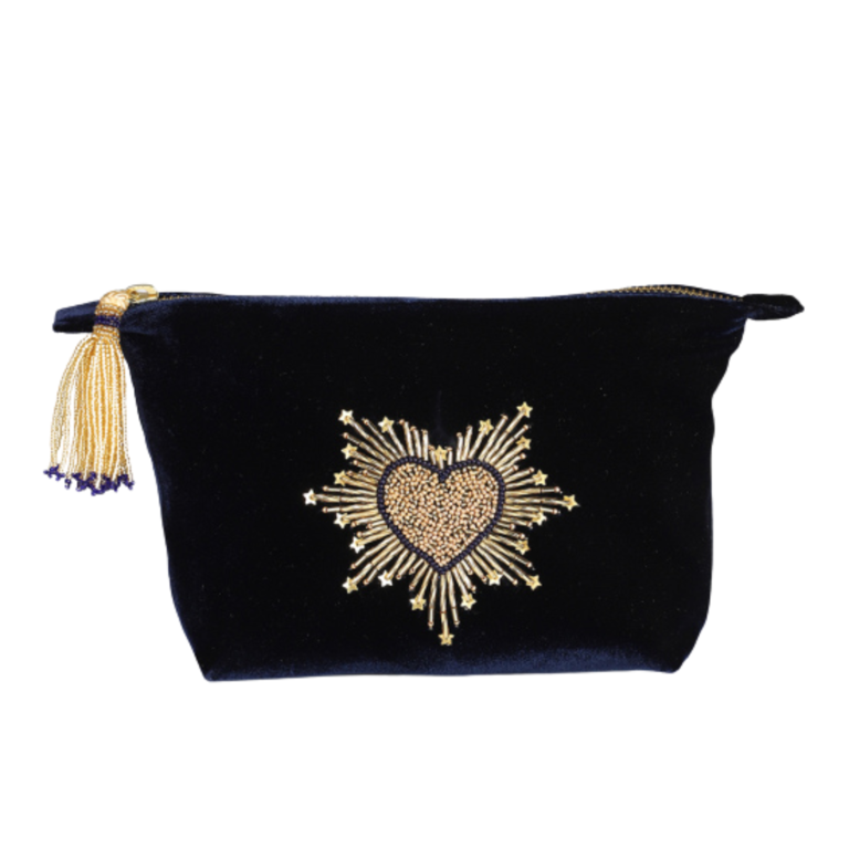 OLIVIA DAR ACCESSORIES OLIVIA DAR Large Velvet Make-Up Bag, Navy Heart