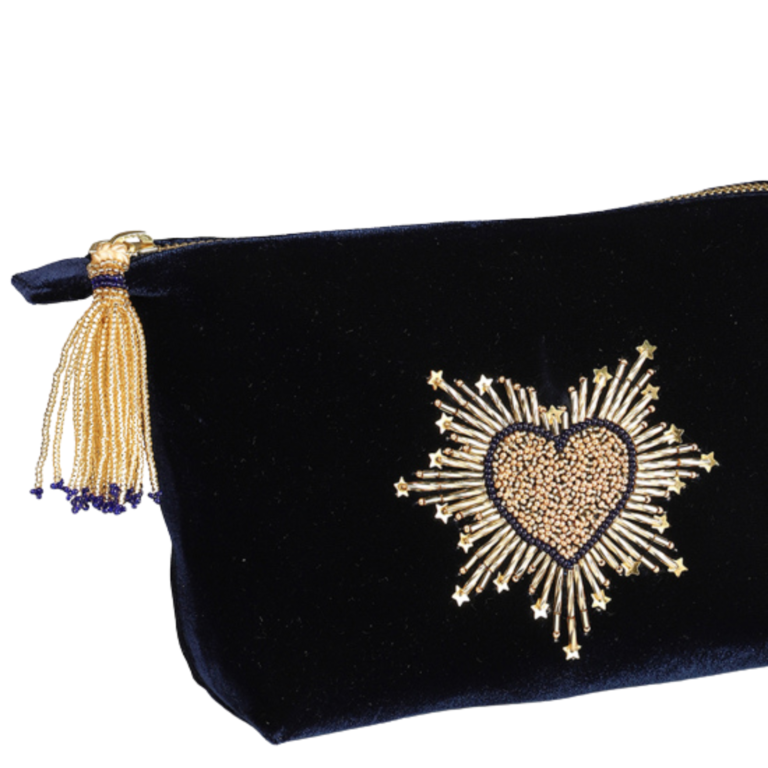 OLIVIA DAR ACCESSORIES OLIVIA DAR Large Velvet Make-Up Bag, Navy Heart