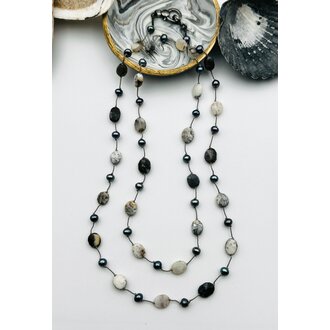 JMNYC DESIGNS Natural Grey Opal, Labradorite & Peacock Freshwater Pearl Necklace