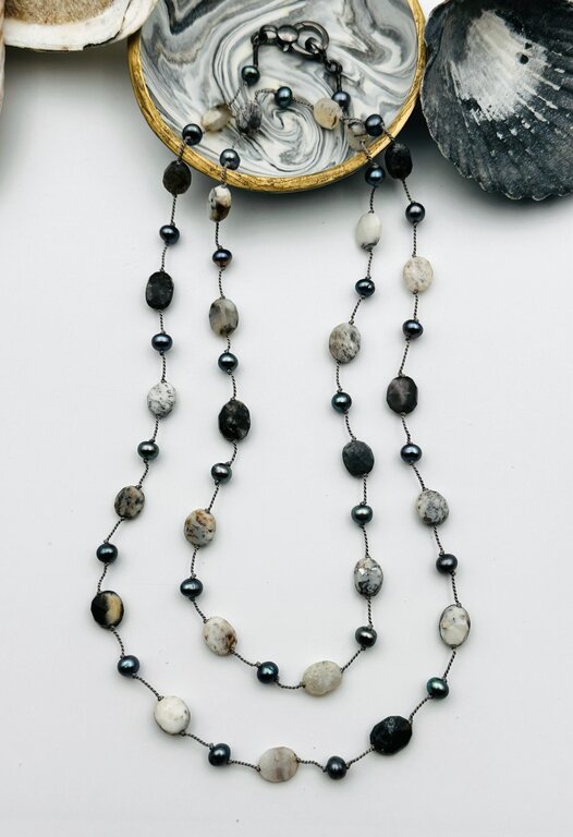 JMNYC DESIGNS JMNYC DESIGNS Natural Grey Opal, Labradorite & Peacock Freshwater Pearl Necklace
