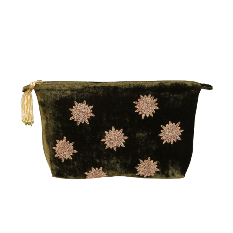 OLIVIA DAR ACCESSORIES OLIVIA DAR Large Velvet Make-Up Bag, Khaki Star