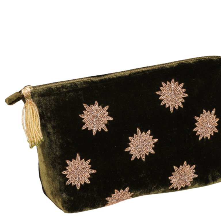 OLIVIA DAR ACCESSORIES OLIVIA DAR Large Velvet Make-Up Bag, Khaki Star