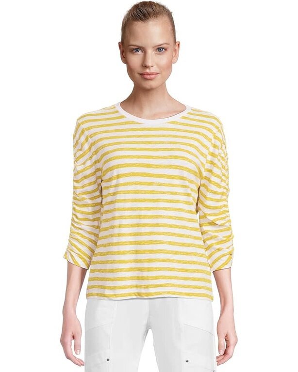 ELLIOTT LAUREN ELLIOTT LAUREN Stripe 3/4 Ruched Sleeve Tee