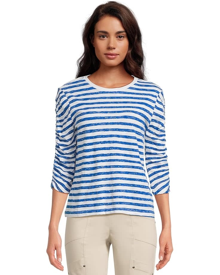 ELLIOTT LAUREN Stripe 3/4 Ruched Sleeve Tee, 68861MAR