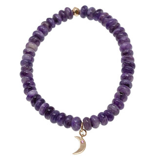 ANZIE Boheme Smooth Charoite Stretch Bracelet, 14k Yellow Gold and Pink Sapphire Moon Charm