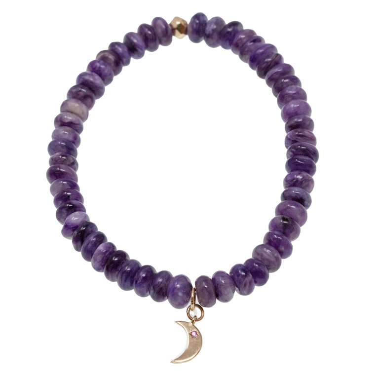 ANZIE ANZIE Boheme Smooth Charoite Stretch Bracelet, 14k Yellow Gold and Pink Sapphire Moon Charm