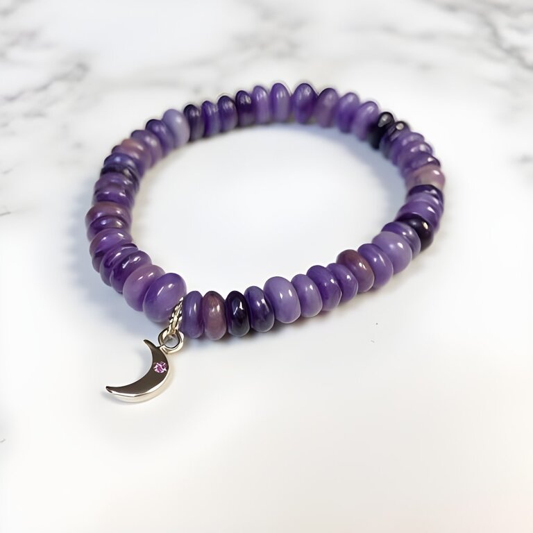 ANZIE ANZIE Boheme Smooth Charoite Stretch Bracelet, 14k Yellow Gold and Pink Sapphire Moon Charm