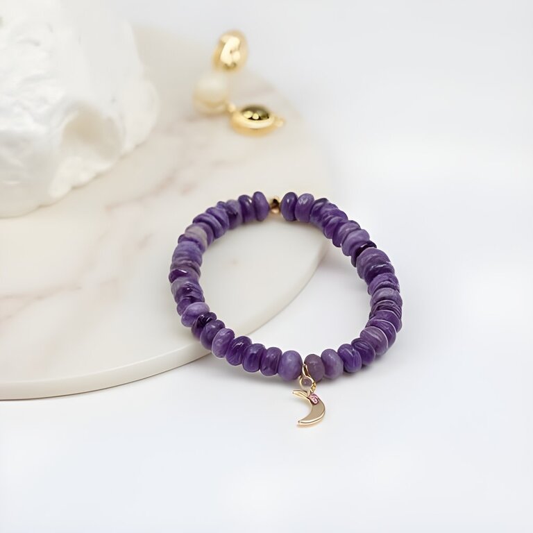 ANZIE ANZIE Boheme Smooth Charoite Stretch Bracelet, 14k Yellow Gold and Pink Sapphire Moon Charm