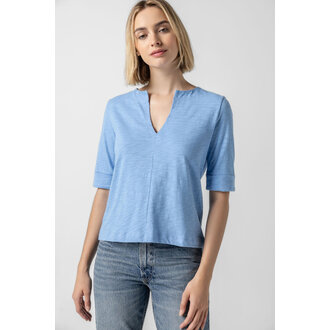 LILLA P Cuffed Sleeve Split Neck Tee
