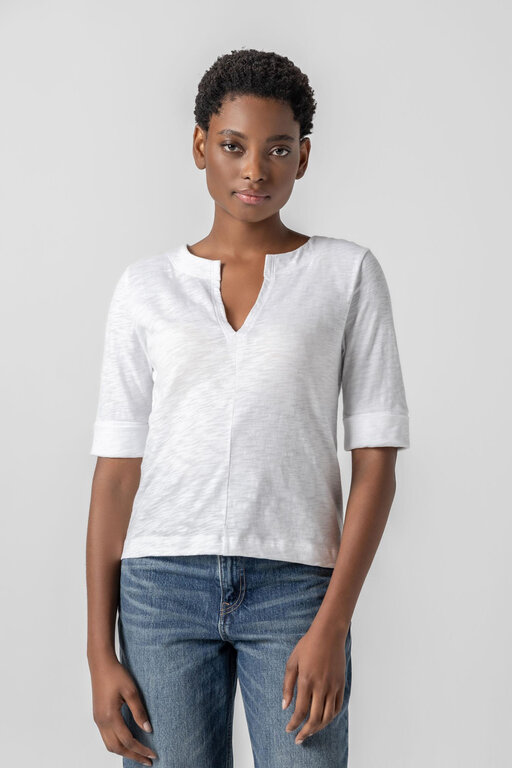 LILLA P LILLA P Cuffed Sleeve Split Neck Tee