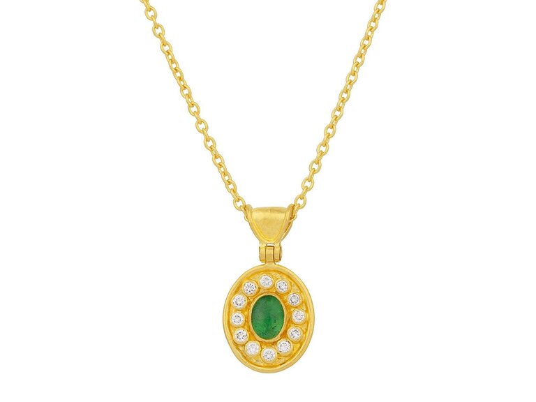 GURHAN GURHAN Emerald and Diamond Oval Medallion Pendant